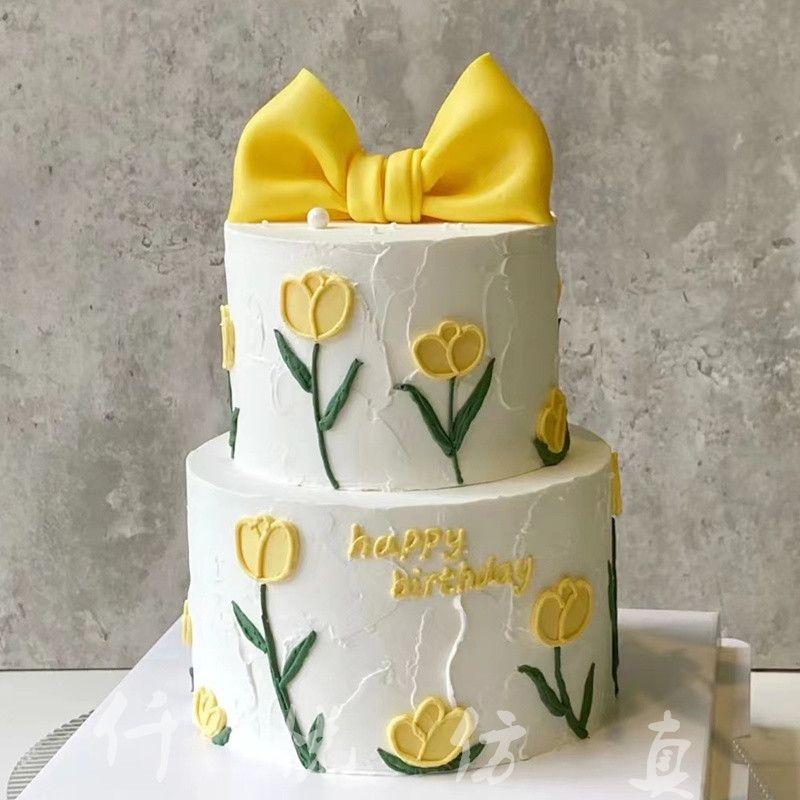 Double Layer Bow Simulation Birthday Cake Model Ornaments Fake Cake Mold Plastic Decoration Window Sample Display Shooting Props