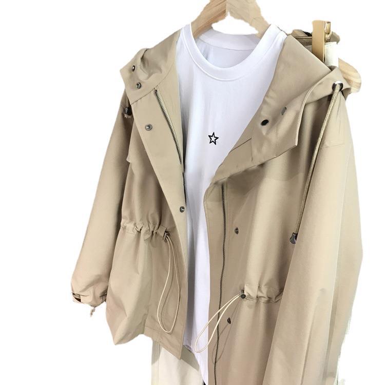 High Quality Hooded Trench Coat Drawstring Women's Short Coat Spring and Autumn Loose Women's Clothing Black New