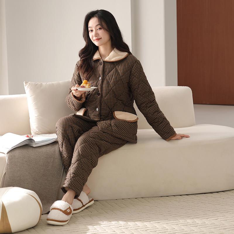 Three-Layer Woven Pure Cotton Padded Pajamas, Women'S Winter Thickened And Velvet Padded Jackets, Warm Loungewear Can Be Worn Outside
