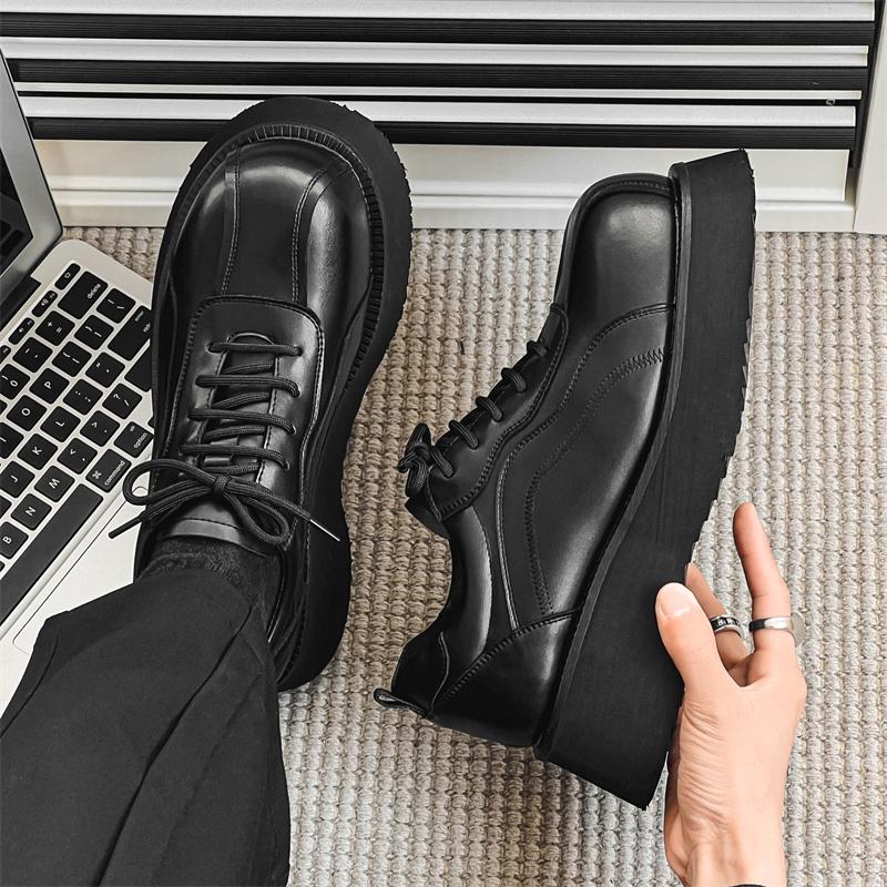 Hight Quality 2024 Spring New Leather Shoes For Men's Solid Black Teenagers Daily Casual Dress Height Increasing Shoes #38-44