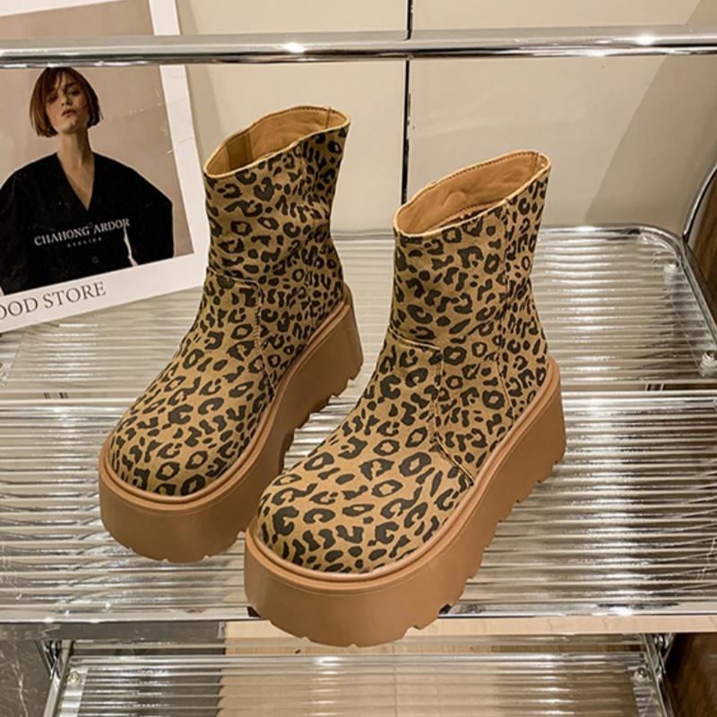 Women Leopard Flats Platform Suede Ankle Snow Boots Fashion Casual Shoes Woman Brand Winter 2025 Trend Cozy Warm Botas Mujer