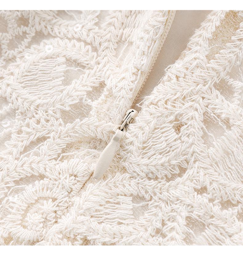 French Sequin Embroidered Lace Dress, Round Neck, Elegant Waist-Gathering, Summer Style for Women.