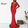 Flattering Fishtail Dress Women Evening Sequin Deep V Neck Long Sleeves Slim Fit Red Formal Hem Floor Length Sheath Back Zipper Closure Maxi Gown