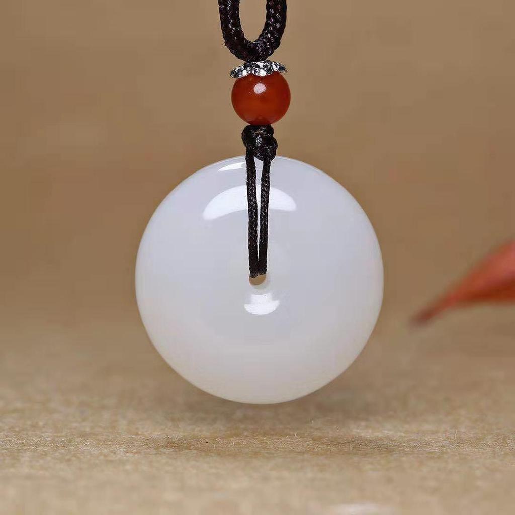 Afghan Jade Ping'an Kou Pendant Necklace: Lamb Fat White Jade Buckle with Imitation Hetian Jade Stone and Rope.