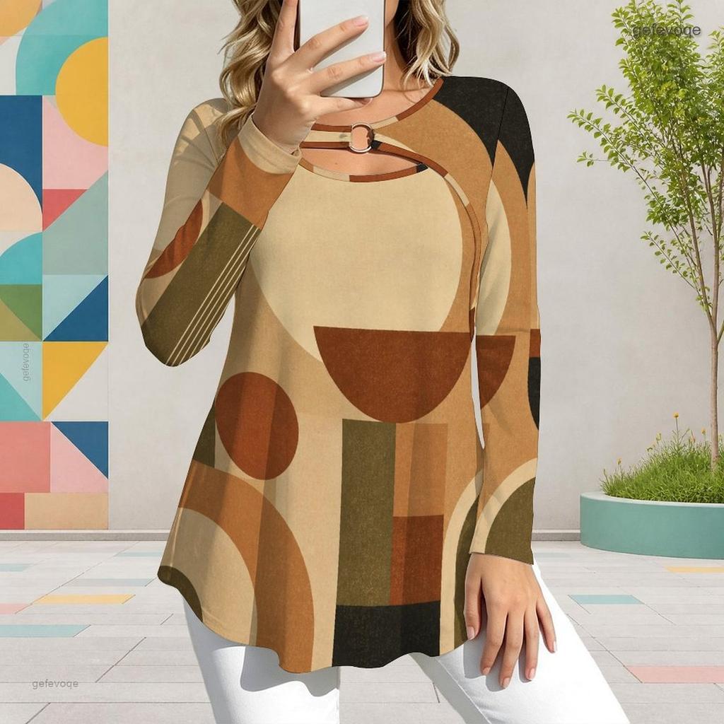 Women Plus Size Keyhole Ring Neck Long Sleeve Printed T Shirt Pink Grey White