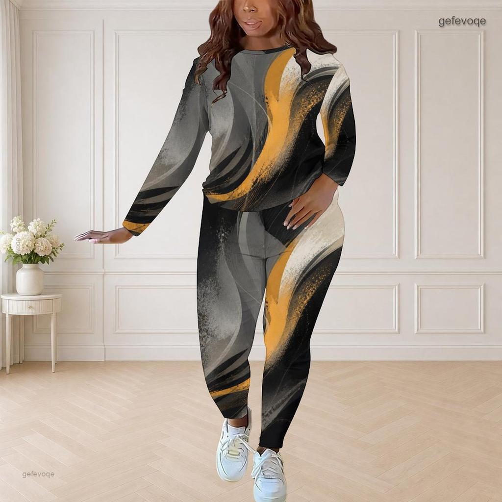 Women Plus Size Two Piece Set Round Neck Long Sleeve Printed Top And Fitted Pants Pink Purple Black