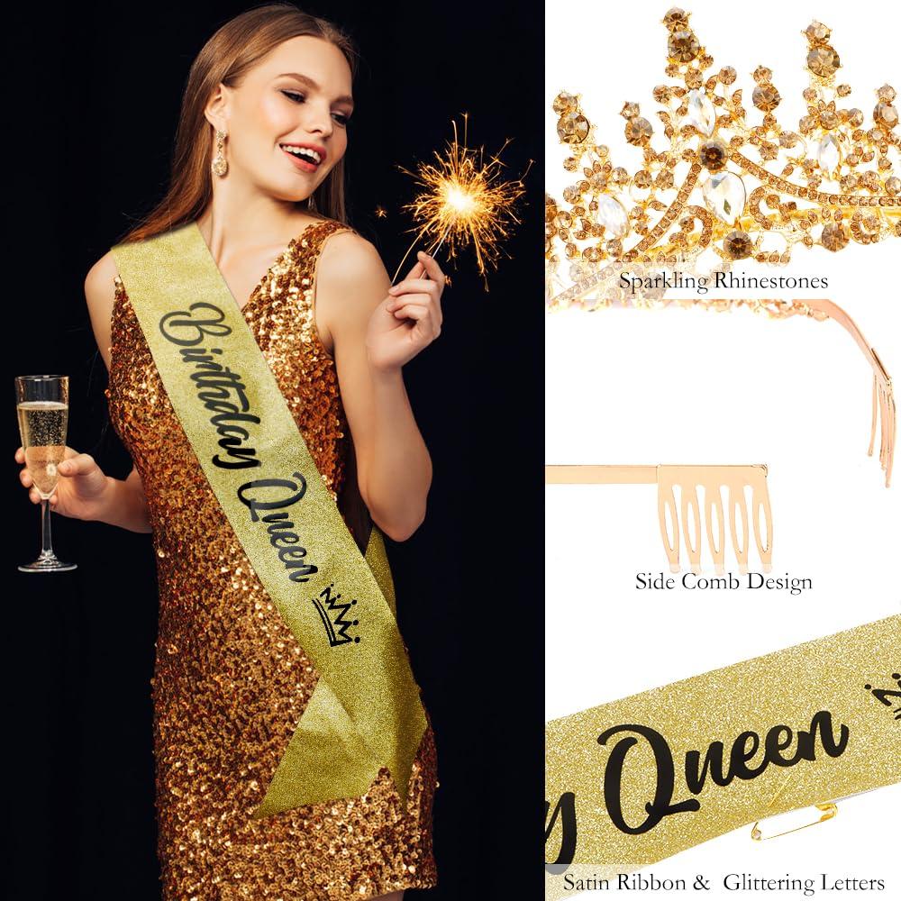 Golden Birthday Queen Sash Tiaras Crowns for Women Girls Crystal Princess Tiara Rhinestone Headbands Quinceanera Happy Birthday