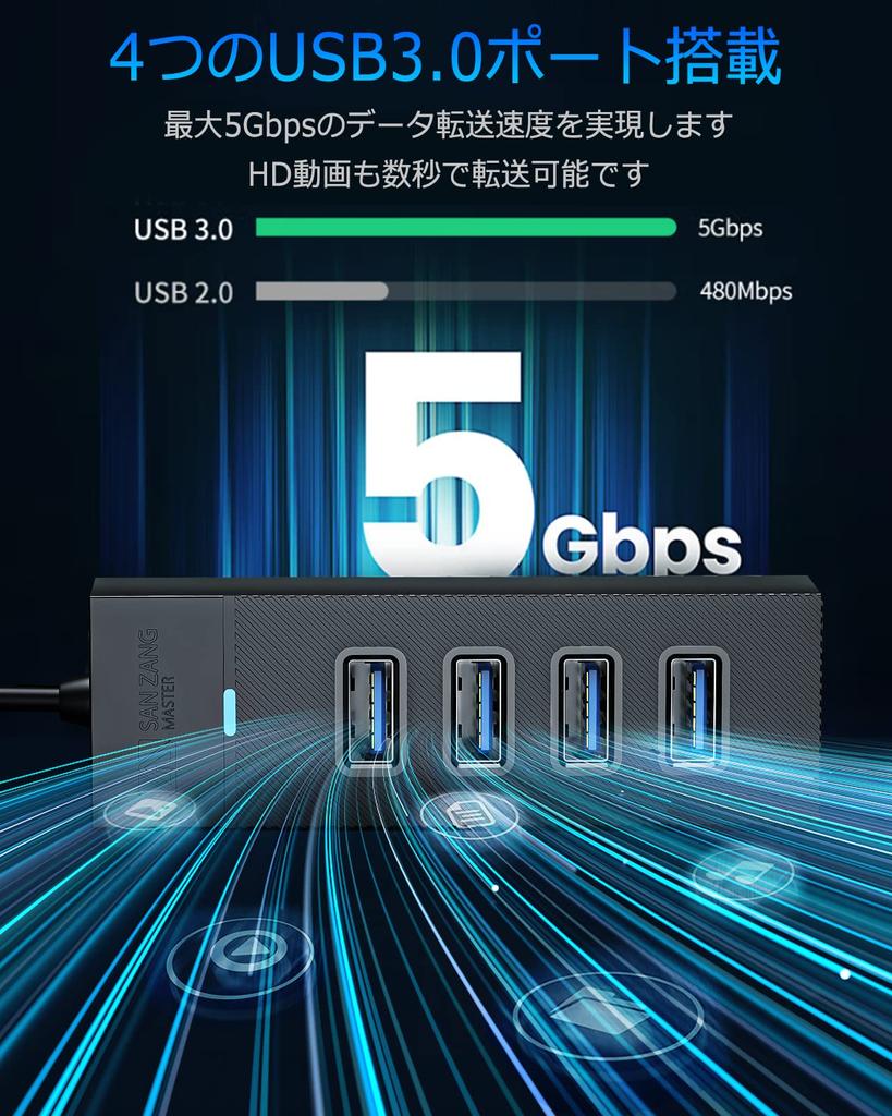 SAN ZANG MASTER USB 5Gbps No USB Expansion Drivers Compatible with and Chromebook 4-Port 3.0 Hub, High-Speed Transfer, Lightweight, Required, Windows,