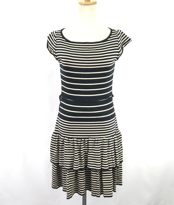 Made In Japan Rene Frill Mini Dress S 36 Short Sleeve Black×Beige Striped Stretch(USED)