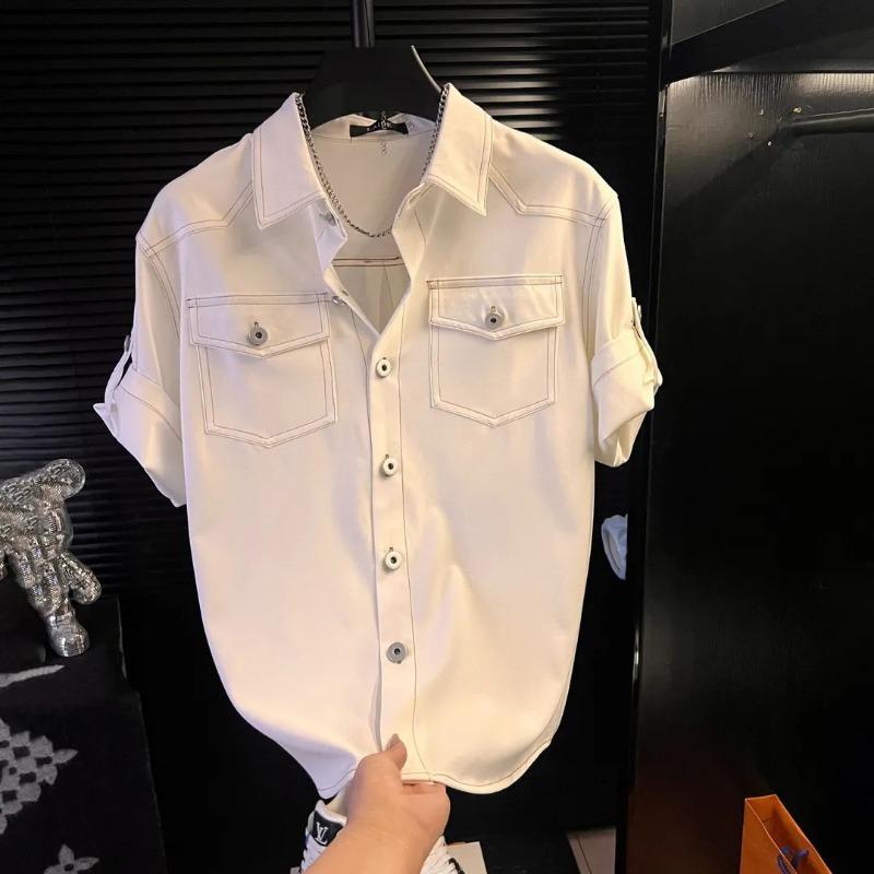 New Short Sleeve Shirt Men's Lapel Fashion Thin Versatile Casual Button Splicing Cardigan