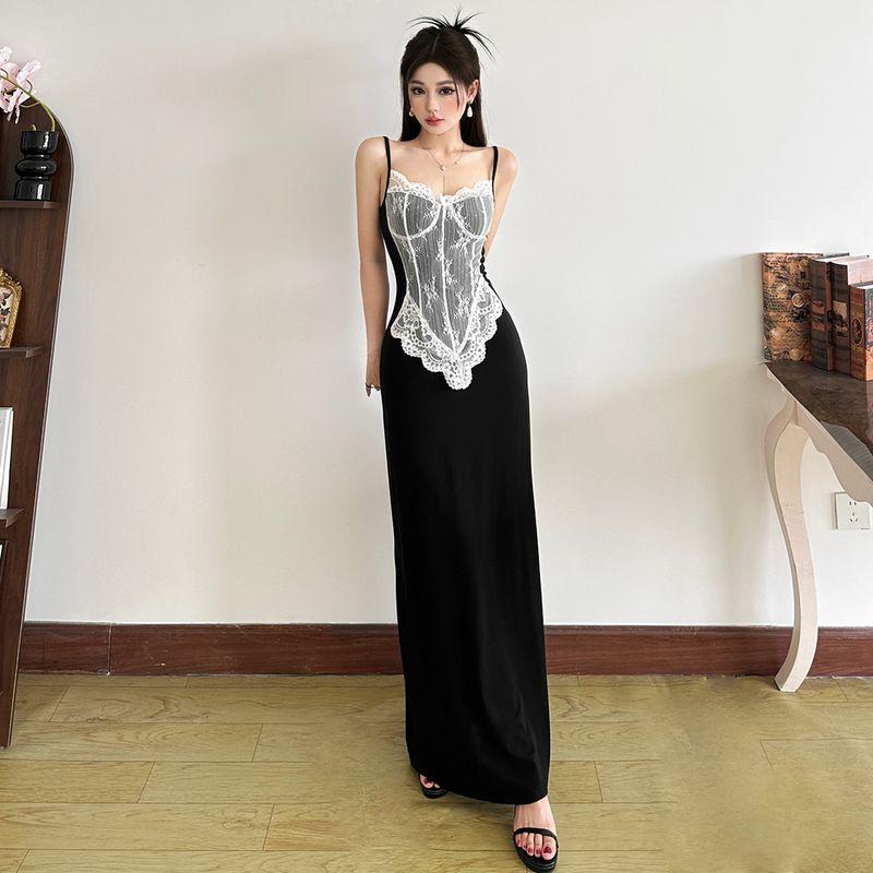 

# Sisjuly# French style Chic Hepburn Style Retro Lace Carved Patchwork Temperament Black Sling Dress Women Summer Black S