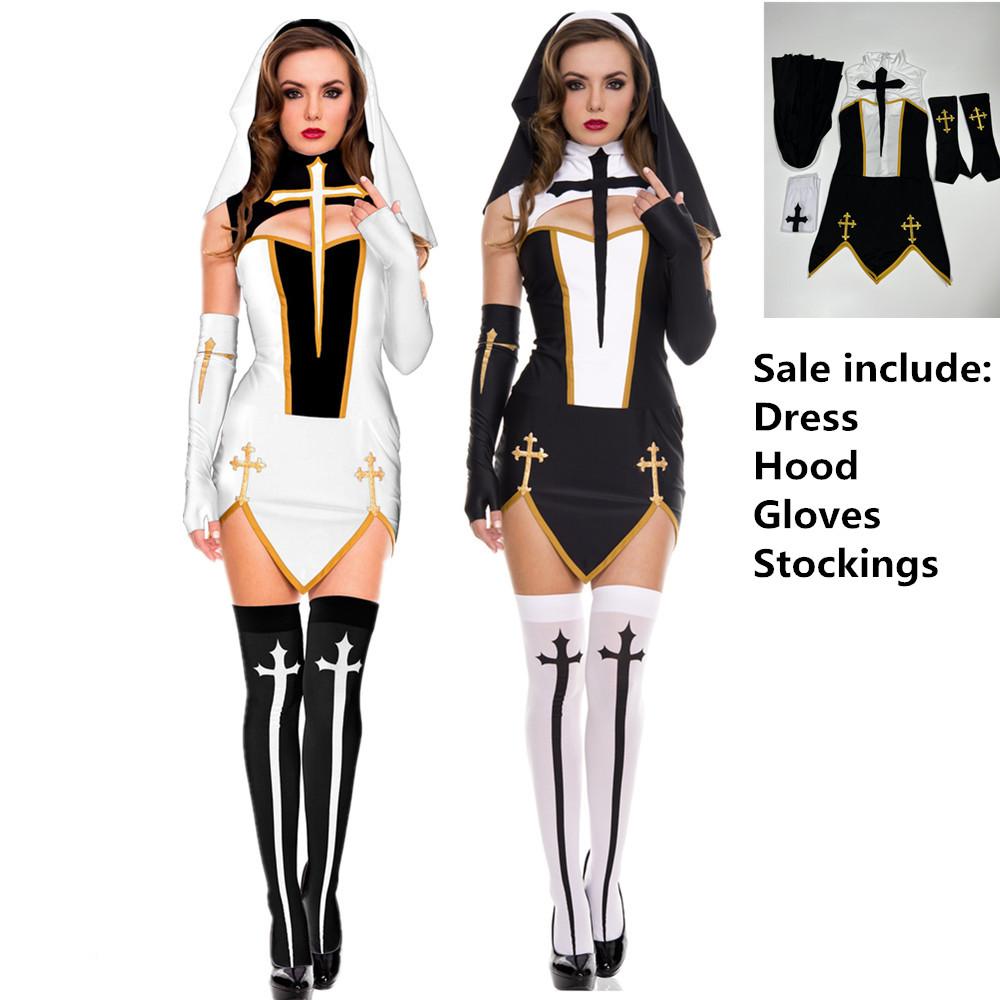 Sexy Women Naughty Nun Costume Black Fancy Dress Party Cosplay Outfits Halloween