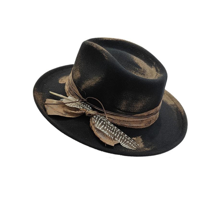 Design Spray Paint Fire Charred Wind Retro Old Woolen Jazz Hat Felt Top Hat Feather Decoration Flat Edge Hemming