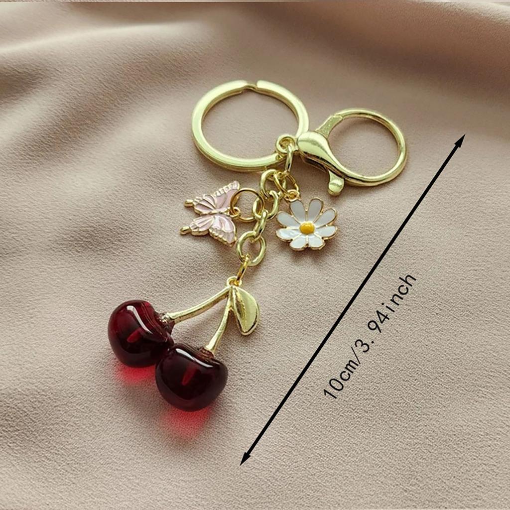Shiny Cherry Keychain Butterfly Daisy Tassel Bag Pendant Fashion Jewelry Couple Family Keychain Pendant