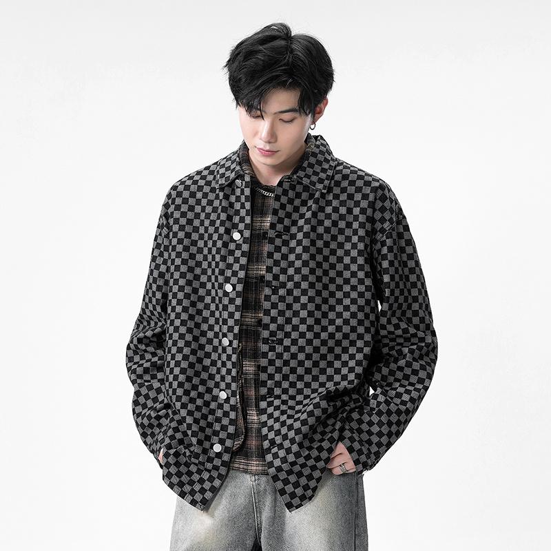 Checkerboard American Workwear Denim Shirt Men's Long-sleeved Casual Shirt Retro Trendy Jacket