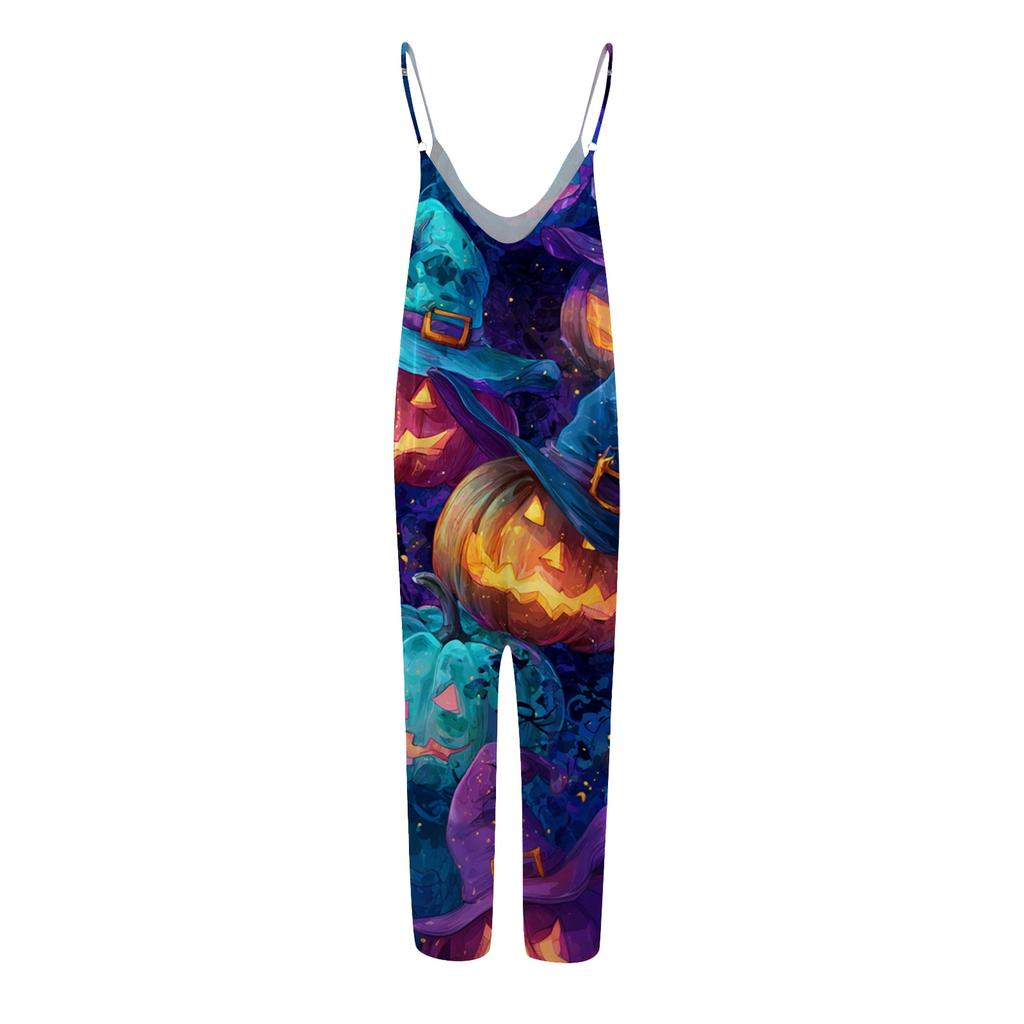 Women's Halloween Print Jumpsuit Casual Loose Fit Sleeveless Spaghetti Strap Wide Leg One Piece Romper for Seasonal Wear