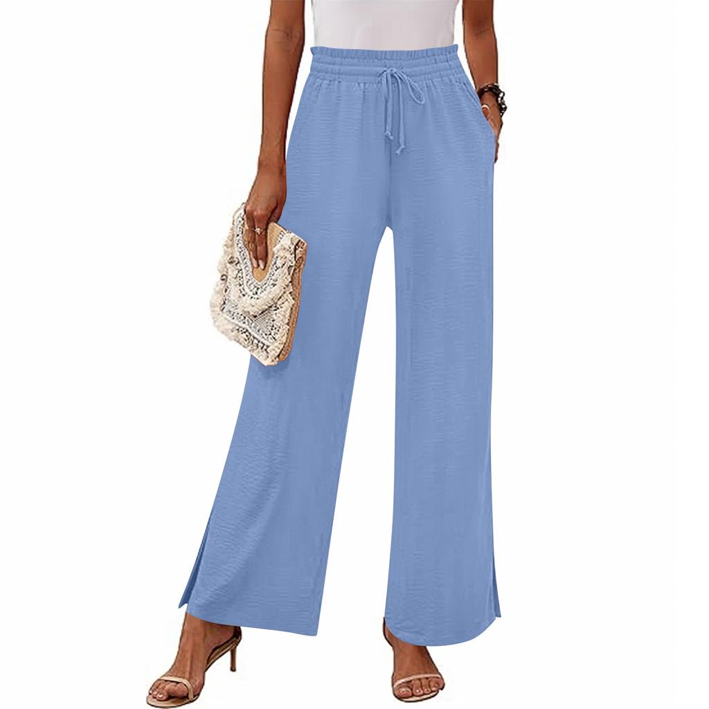 Women's Fashion Loose Wide Leg Pants Slits At The Cuffs Elastic Waist Drawstring Pockets Casual Pants