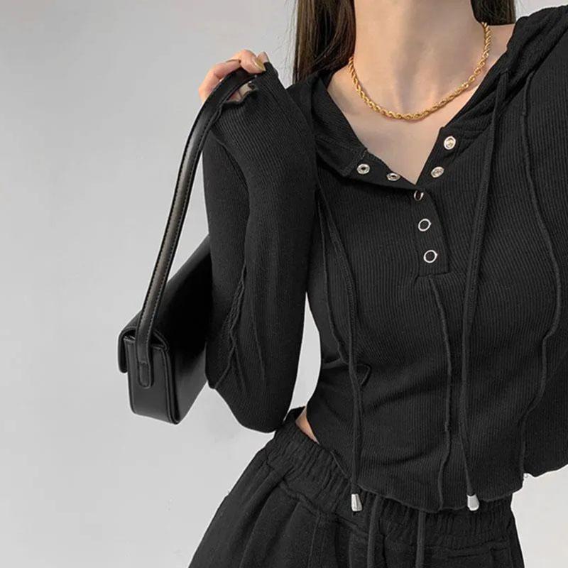 Slim Hoodie Grey Short Top High Waist Navel Exposed American Hottie Pure Desire Pressed Pleated Long Sleeve Thin T-shirt