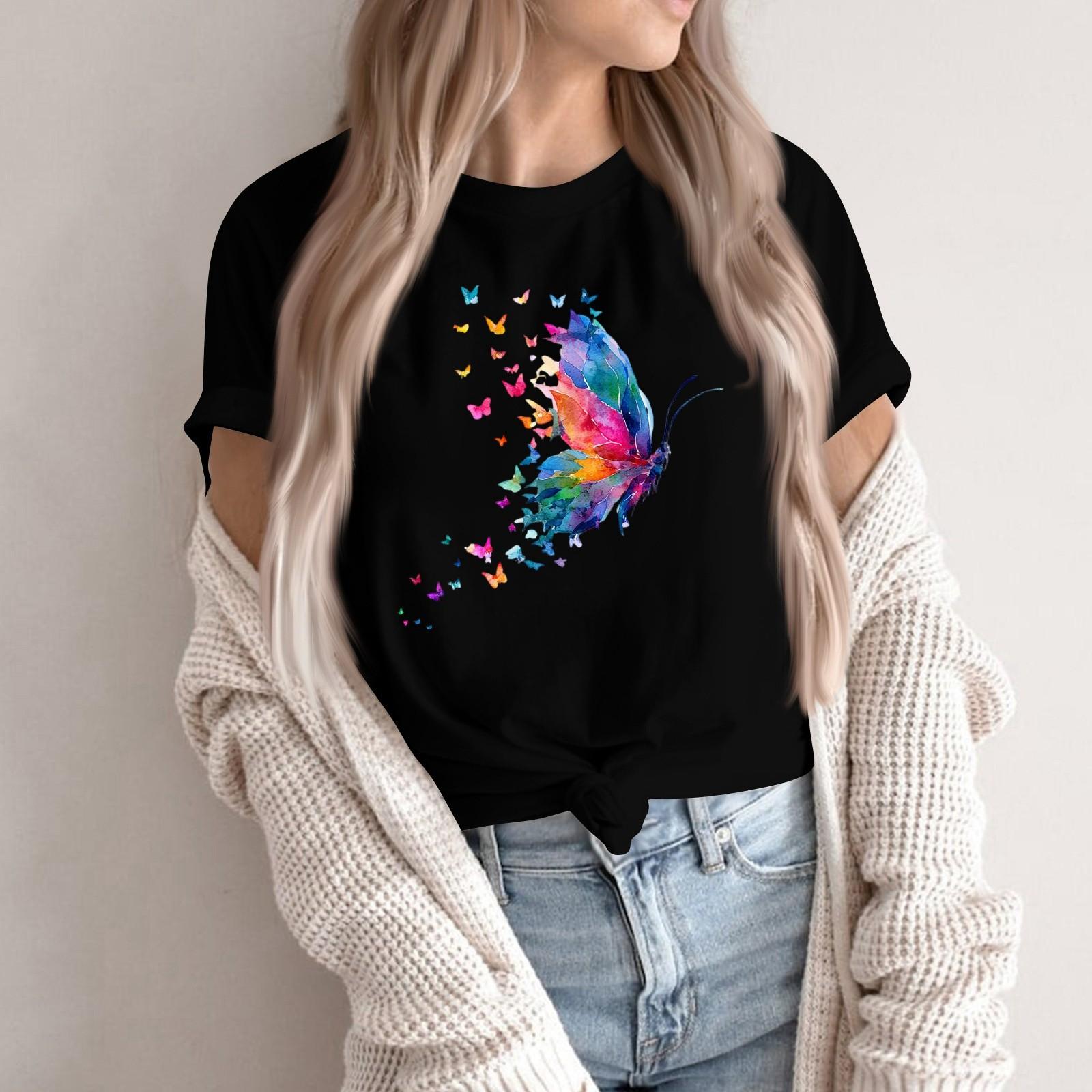 

Женская модная повседневная футболка-пуловер с принтом, круглым вырезом и короткими рукавами L чёрный