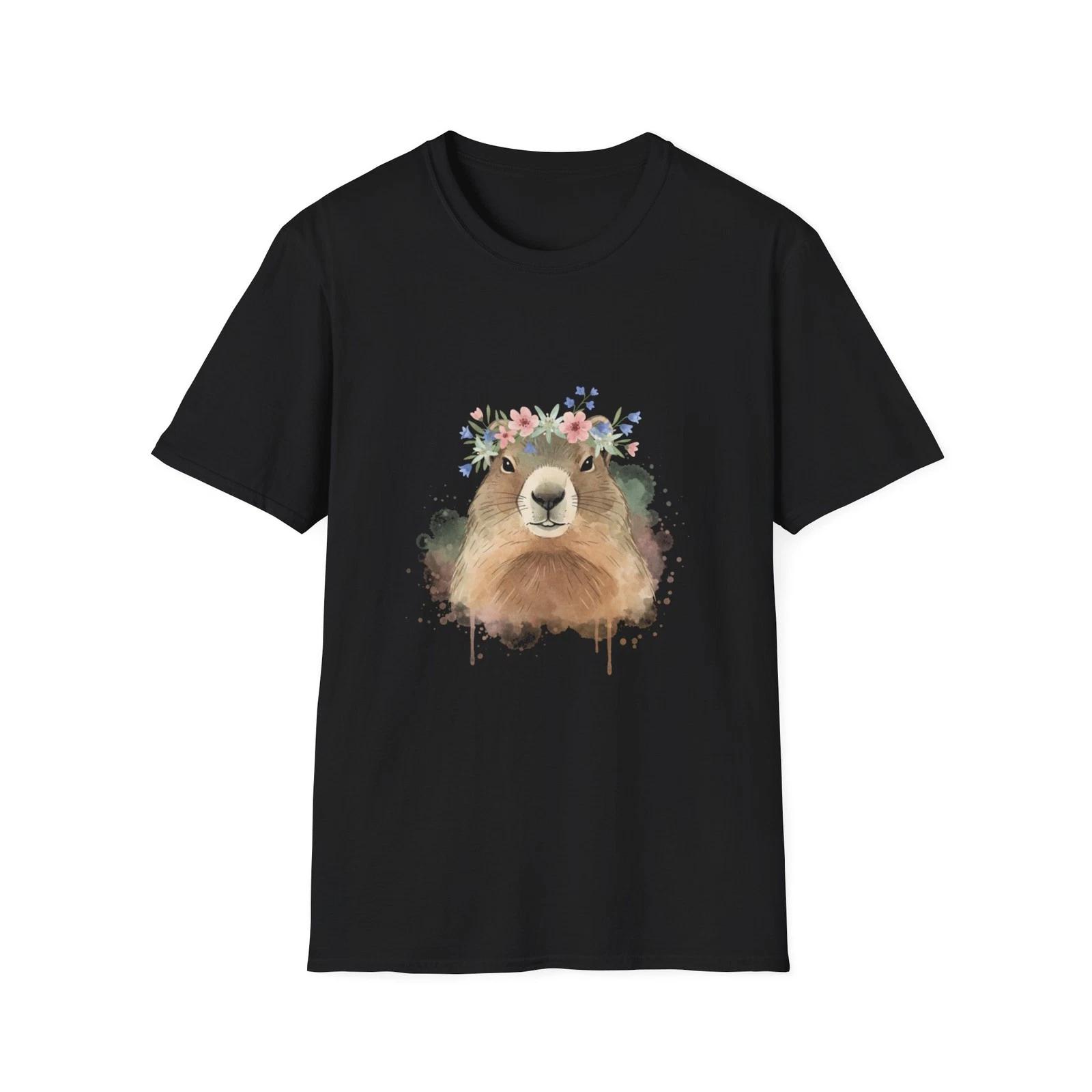 Groundhog Floral Watercolor Nature Black Tee Cute Animal Graphic T-Shirt M