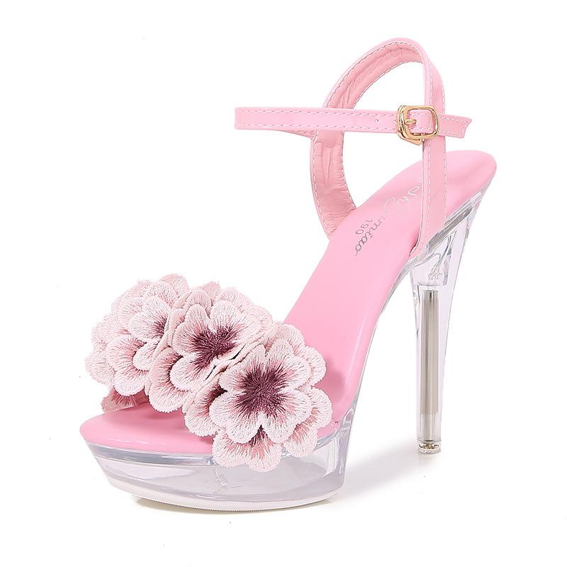 Fashion 13cm Crystal Stiletto Heel Sandals for Women Runway Catwalk Sexy Flower Embellished Transparent Platform High Heels