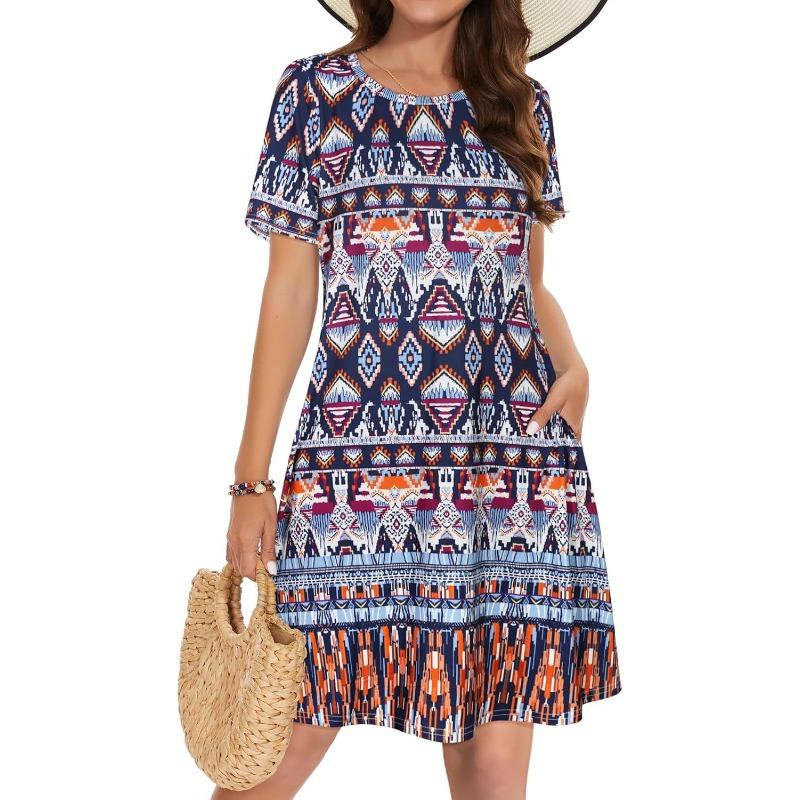 JKASHDK Abiti casual con stampa a fiori, a maniche corte, con scollo a V e vita larga, alla moda estiva da donna