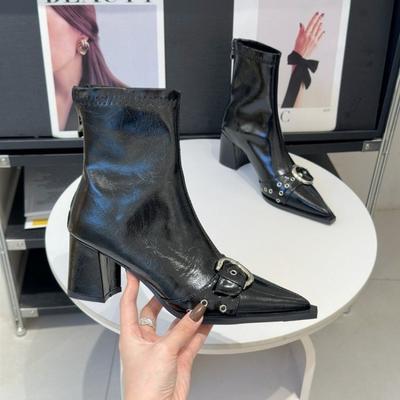 French Temperament Pointed Toe Booties for Women  Autumn and Winter New Women's Chunky Heel High Heel Back Zip Skinny Boots