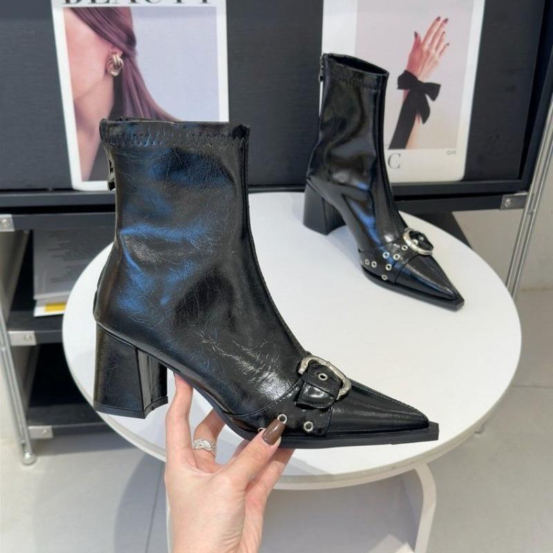 

Французский темперамент Ботильоны с острым носком для женщин Осень и зима Новые женские ботильоны на толстом высоком каблуке Застежка-молния сзади Облегающие ботинки 40
