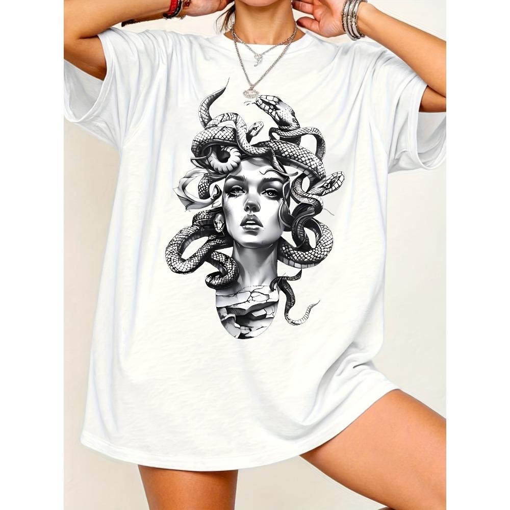 Vintage Women's Black and White Medusa Graphic T-shirt Men Tee Streetwear Trendy Oversized Loose Top