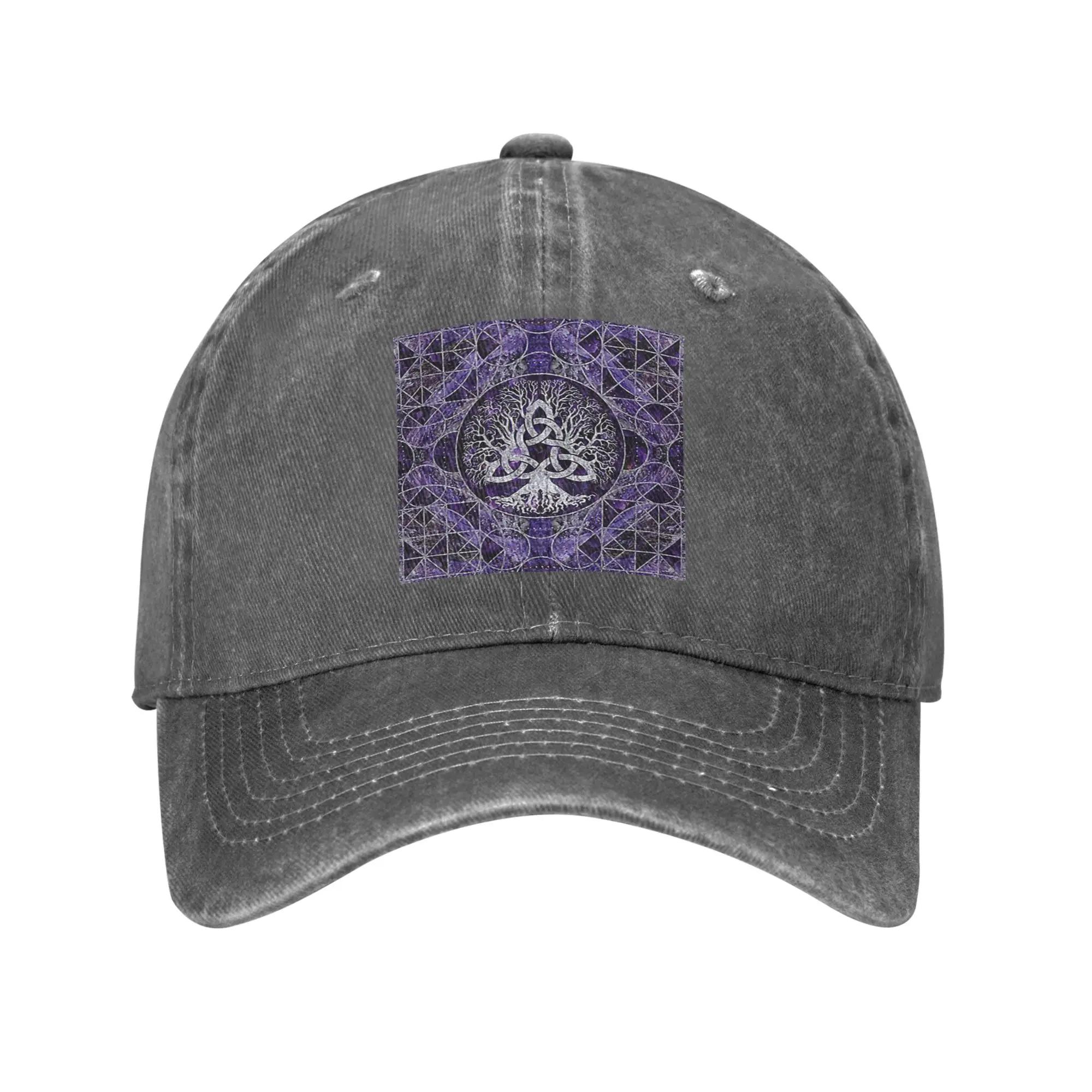 Tree of Life with Triquetra Amethyst and Silver Washed Denim Cap Casual Baseball Caps Adjustable Hat Summer Unisex Baseball Hats One Size