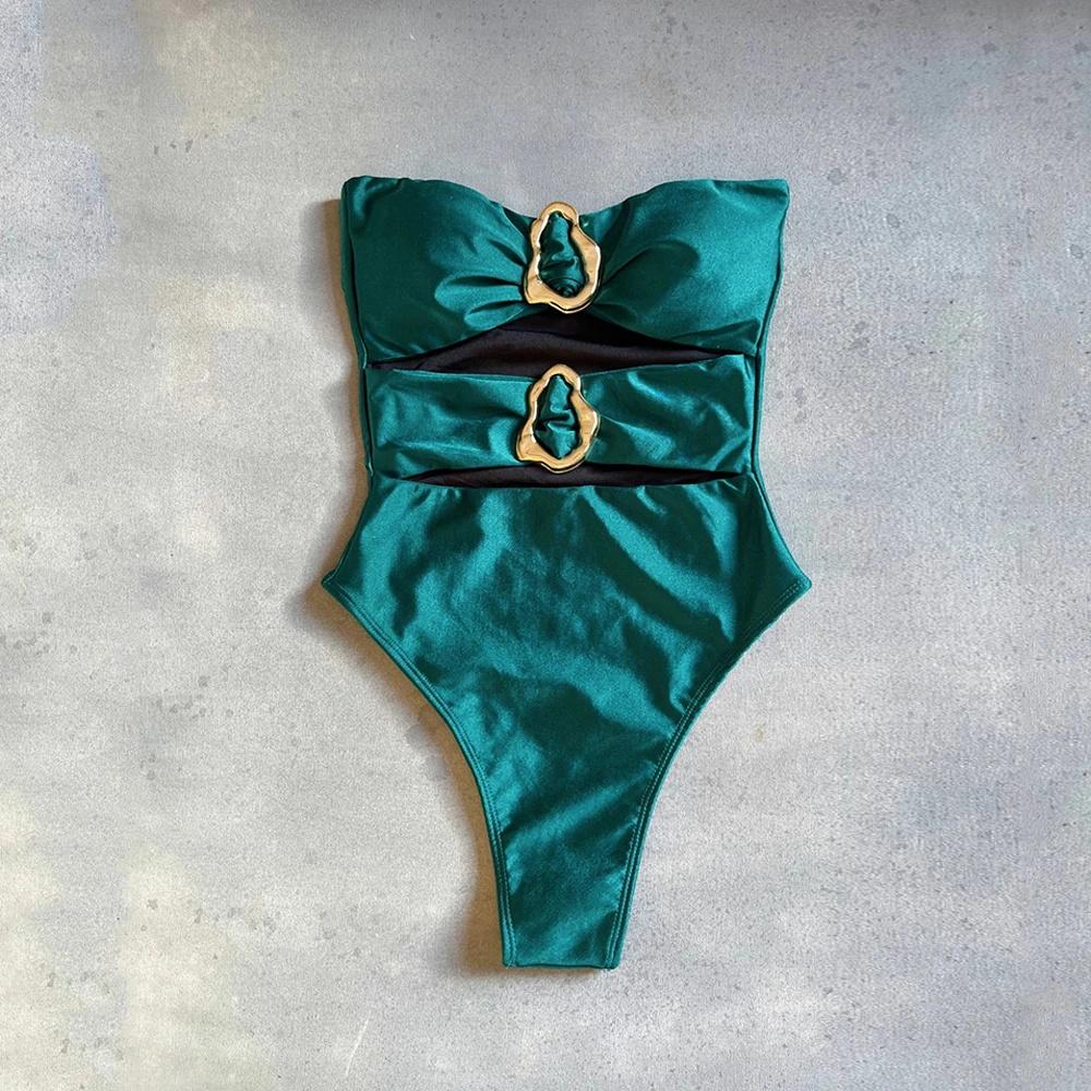 Fato de Banho Inteiro Hollowen Sexy Feminino Moda Praia 2025 Biquíni Cavado Feminino Biquíni Fatos de Banho Brilhantes Body Fato de Banho Roupa de Praia