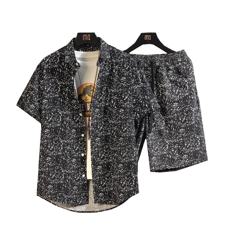 2026 Men's Cotton Beach Vacation Set, Shirt with Matching Drawstring Shorts, 11 Print Options Stylish Summer Suits, Asian Size