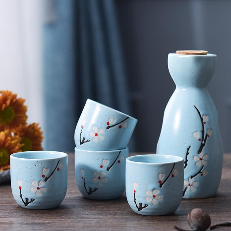 1 Set Japanese Style Sake Wineware Porcelain Underglaze Color Hand-painted Wine Dispenser Ceramic Flagon Liquor Spirits Cups Set