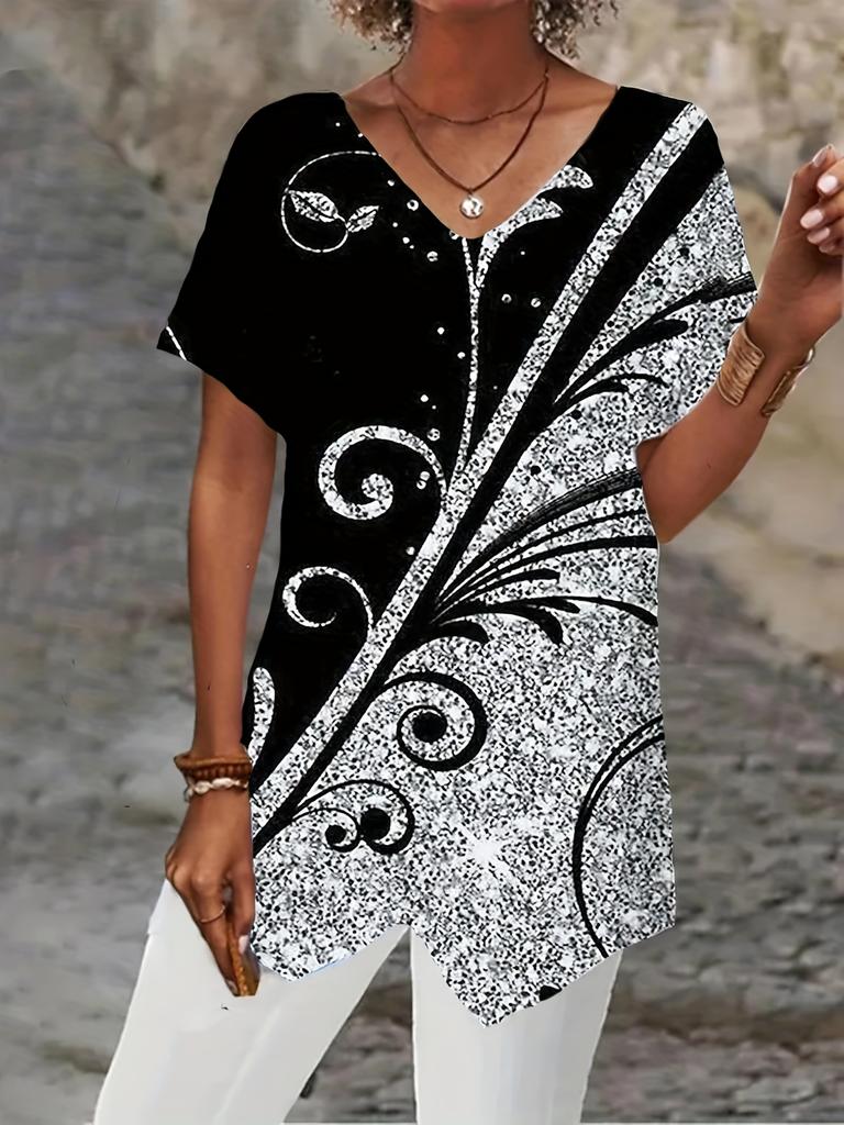 Summer new European and American 3D geometric abstract pattern positioning printed V-neck short-sleeved loose women's T-shirt top