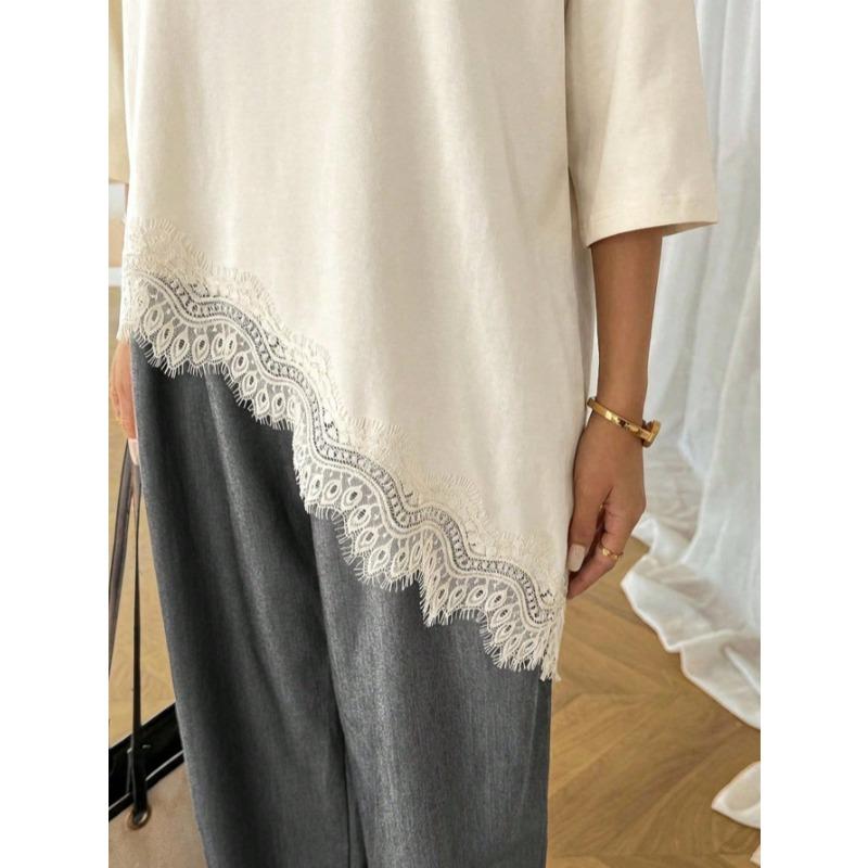 New Slanted Bottom Lace Splicing Short Sleeve T-shirt Sweet Irregular Top for Women Solid O Neck Loose Elegant Fashion Casual Office Blouse Basic Tees
