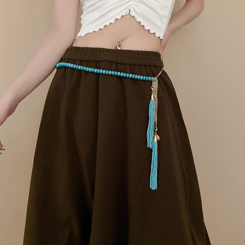Ethnic Style Wax Rope Wood Bead Acrylic Woven Oval Waist Chain Temperament Belt Versatile Waist Jewelry