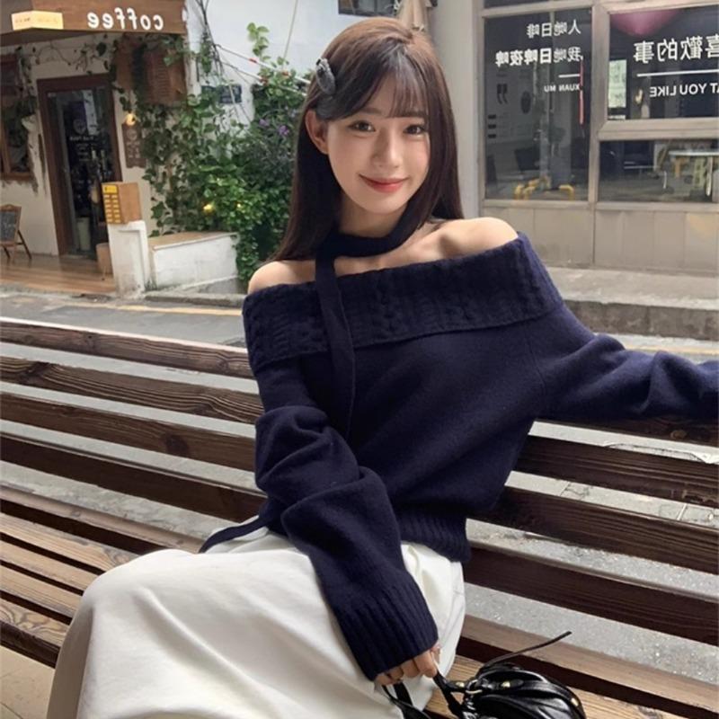 Fashion Elegant Off Shoulder Knitted Pullover Women Sweater Korean Style One-word Shoulder Casual Simple Tops Autumn Winter Loose Outer Top Clothing