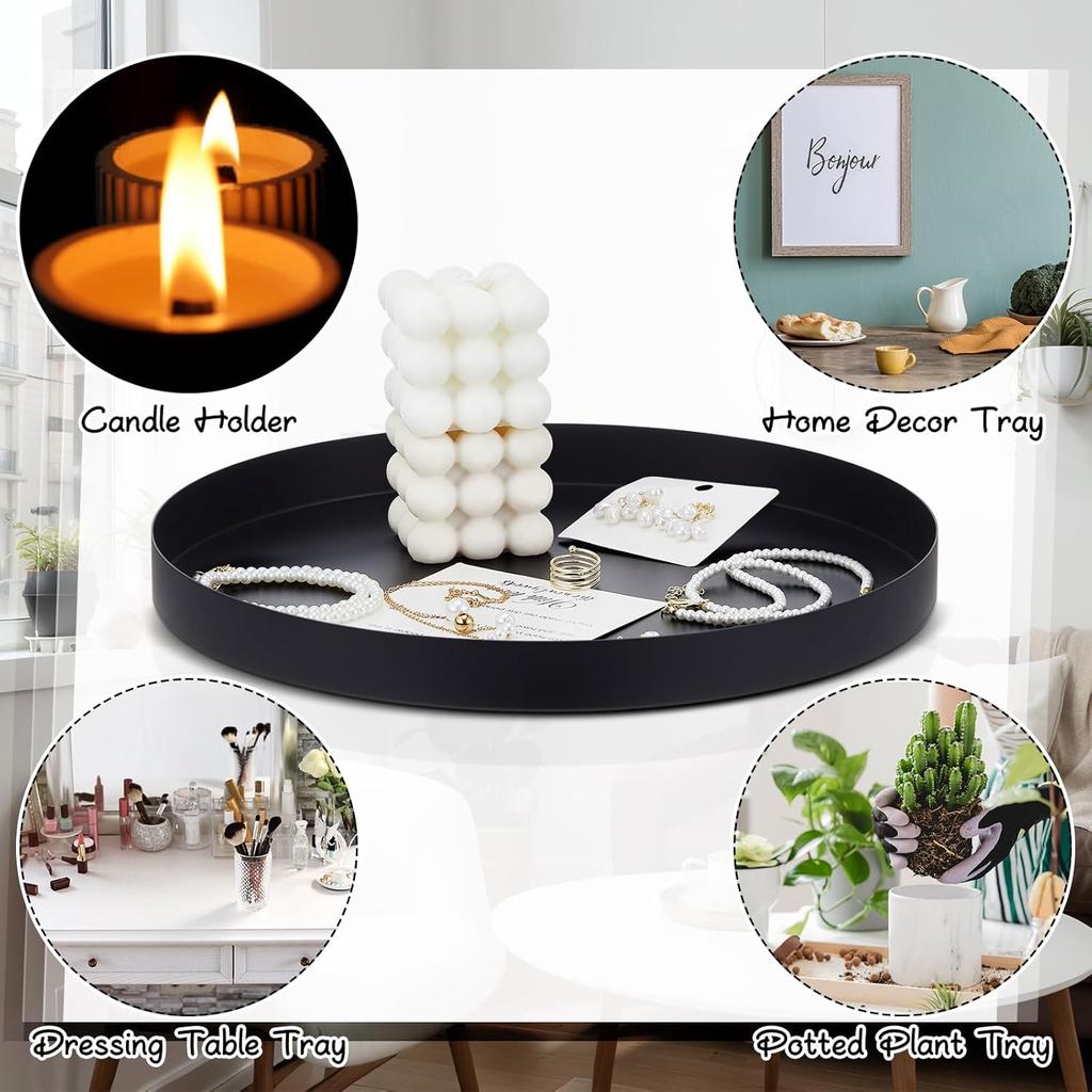 2 Pcs 11.8" Black Round Tray Metal Coffee Table Tray Candle Holder Tray Centerpiece Decorative Serving Tray Farmhouse Modern Holder Tray for Home