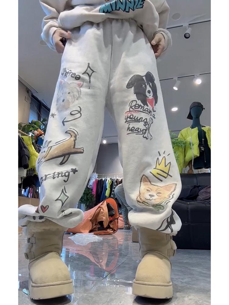 Plus Size Elastic Waist Fleece-Lined Sweatpants for Women - Autumn Winter Printed, Slimming, Casual Long Pants