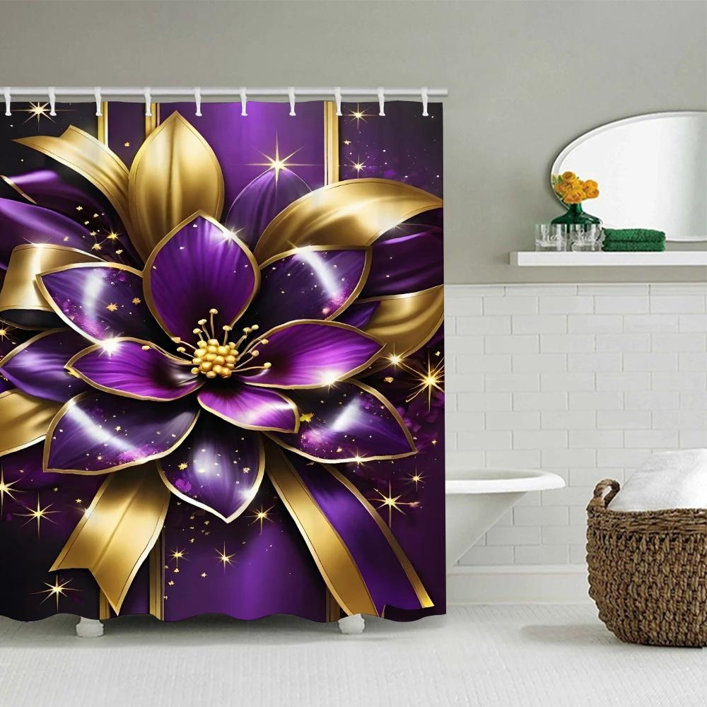 4pc Purple Gold Lotus Bath Curtain Set, 2D Flat Printed Bathroom Partition Curtain, Modern Home Curtain Decoration