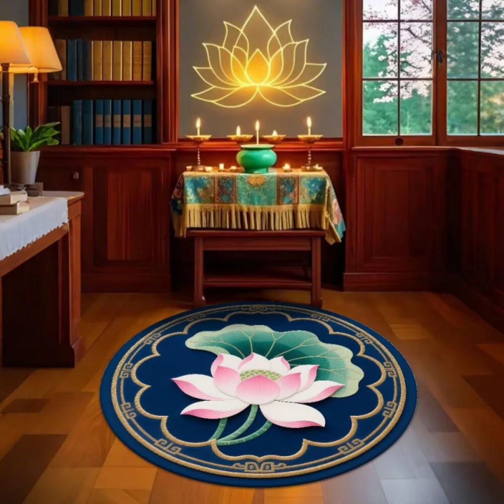 Oriental Art Lotus Flower round Carpet - Zen Circular Rug for Living Room & Bedroom Floor Mat Ideal for Meditation And Home Deco