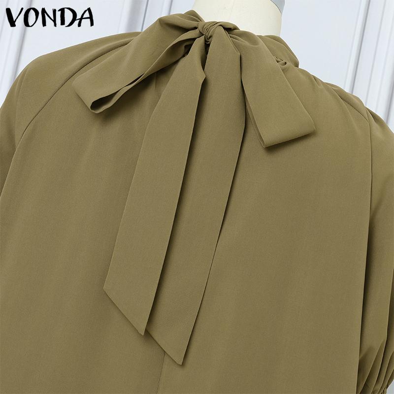 VONDA Women Stand Neck Back Bow Knot Short Sleeve Ruffled Hem Midi Dress