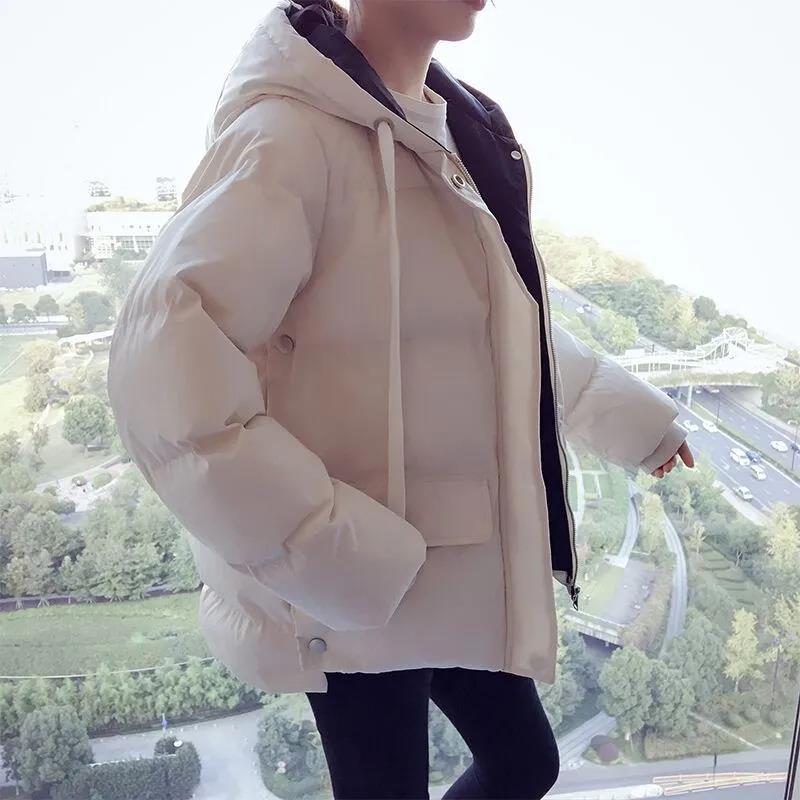 Damen Herbst und Winter Übergröße Einfarbig Gepolstert Kurz Stehkragen Reißverschluss Kapuze Warm Locker Oberbekleidung