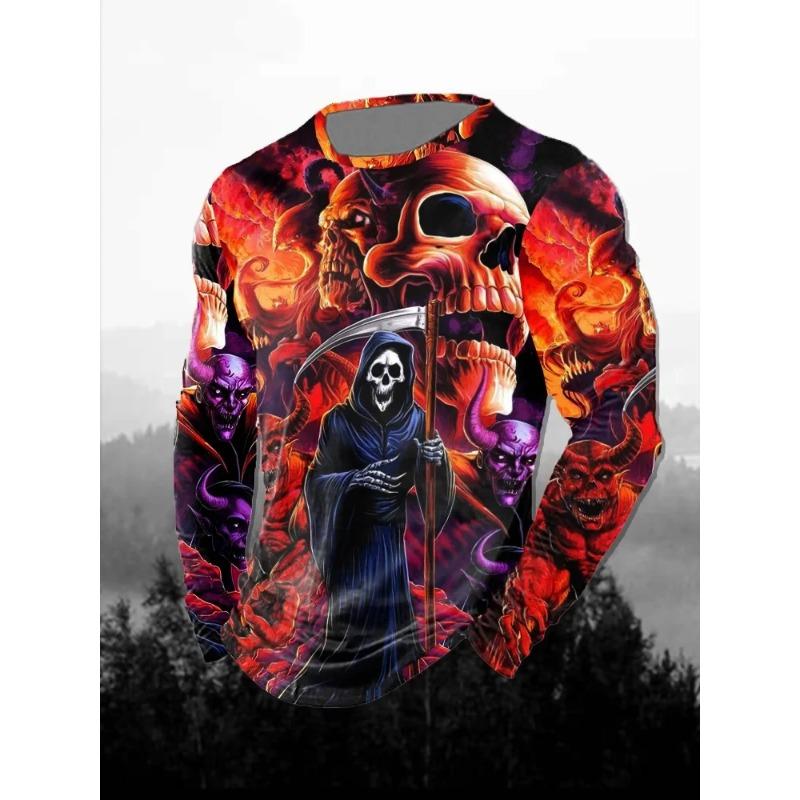Spring and Autumn Round Neck Halloween Fun Horror Pattern 3D Printed Top Fashionable Casual Long Sleeved Men's T-shirts