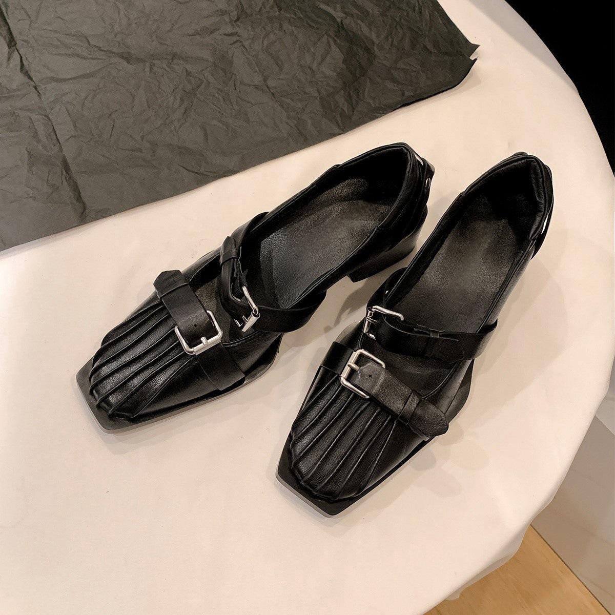 

Туфли-лодочки в стиле ретро с квадратным носком и толстым каблуком, универсальные женские туфли из британской кожи, дизайнерские туфли Мэри Джейн на высоком каблуке 42 чёрный