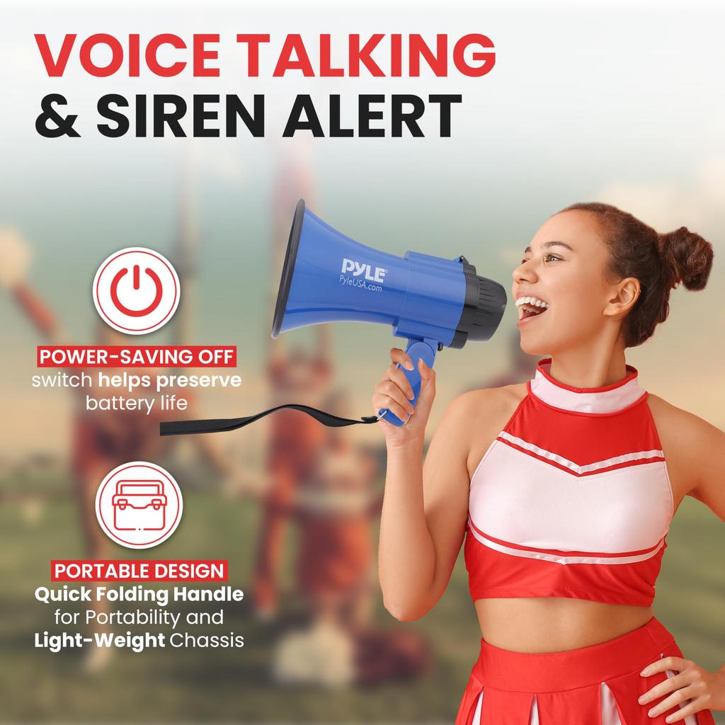 Pyle 30W MegaphoneLoudspeaker: Waterproof, 730m Range, Built-in Siren, Soft Music Playback, Powered by Four D-Batteries, Lightweight (480g), 30W