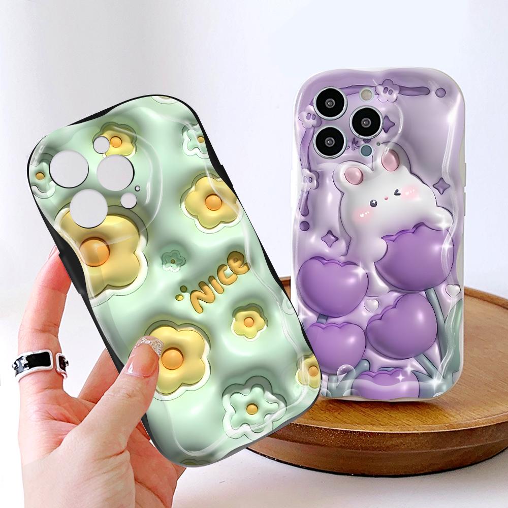 Kreslený vzor krémová textura pouzdro vlnitý okraj měkký silikonový kryt pouzdro na telefon pro iPhone Samsung Huawei Honor Xiaomi Redmi Infinix Tecno