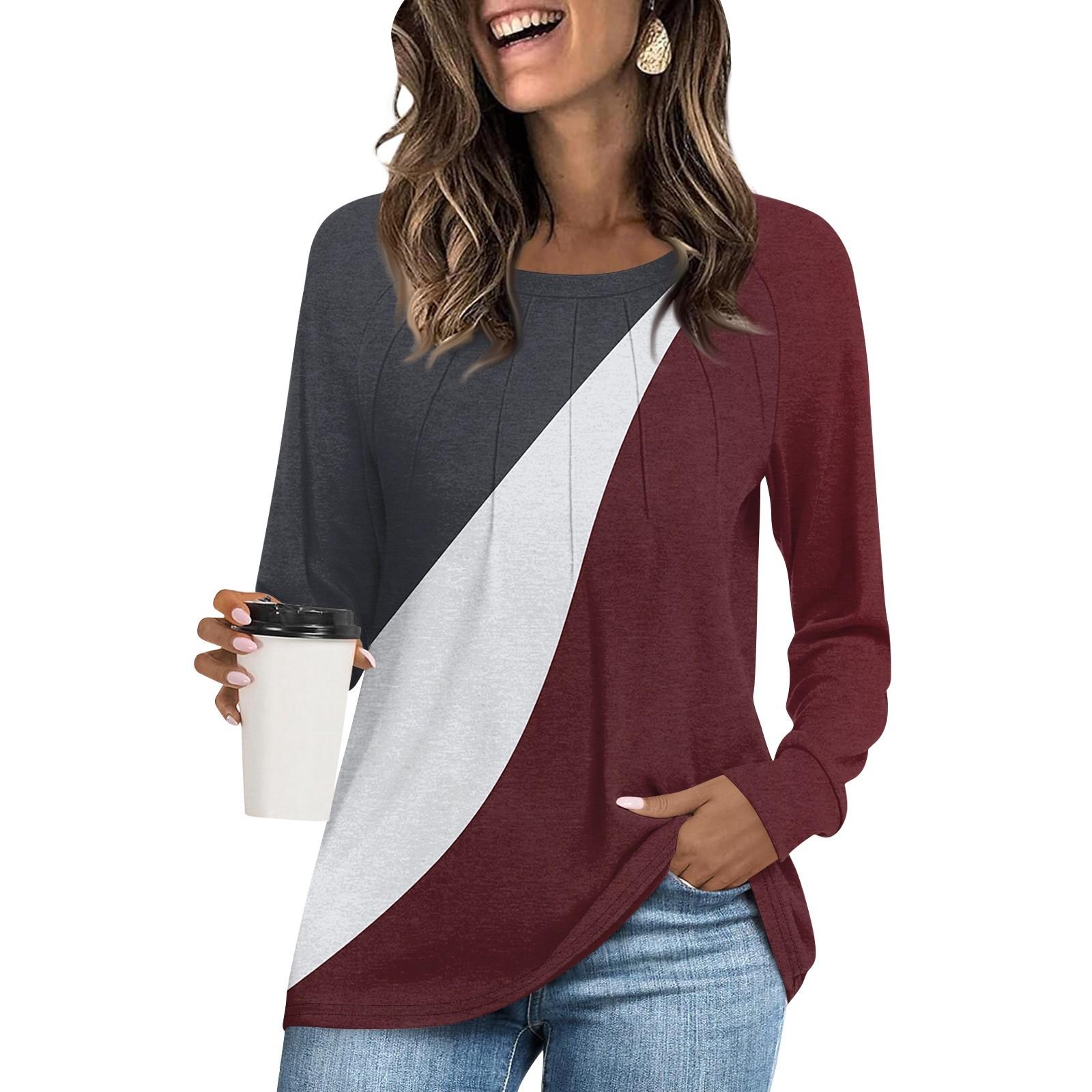 

Женская футболка-туника, топы, повседневная блузка с длинным рукавом, свободная футболка, базовый топ с круглым вырезом XL винный