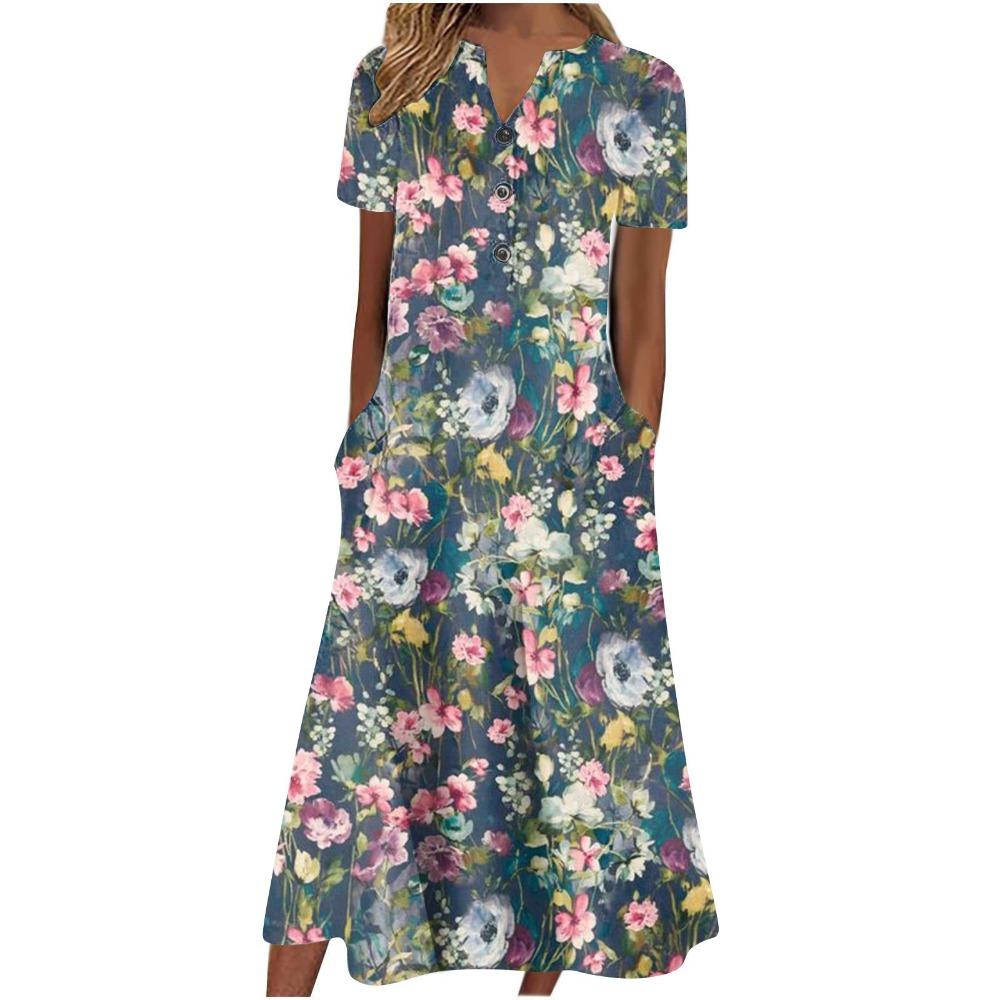 Women's V‑Neck Button Short Sleeve Midi Dress Loose Printed Casual Dress With Side Pockets