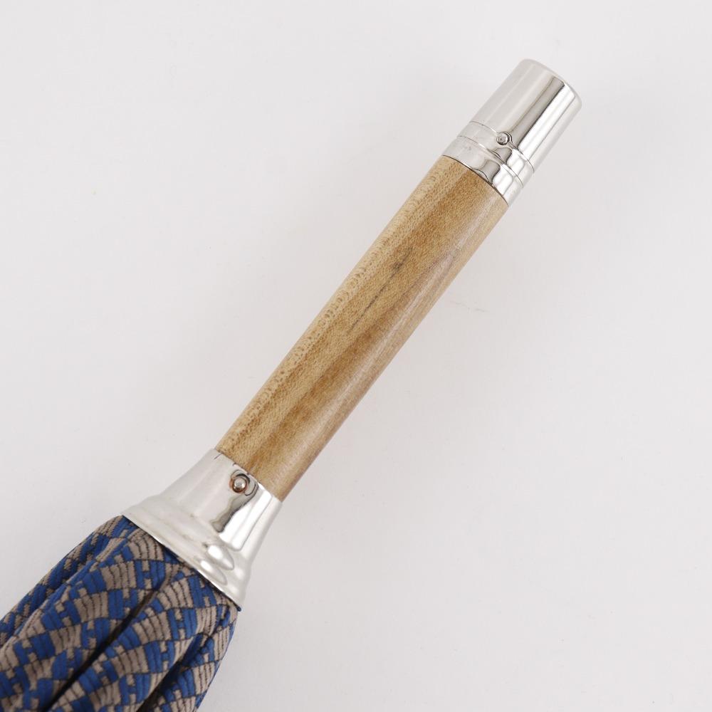 Hermes Long Umbrella Wood Handle Blue Polyester Unisex Used